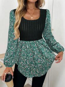 SHEIN LUNE 女士休闲罗纹拼接印花长袖上衣 - 綠色 - 查看 7