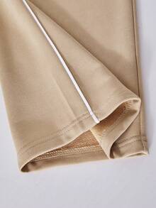 SHEIN ChillGRL 少女落肩拉链连帽衫外套搭配阔腿裤休闲装 - 卡其色 - 查看 7