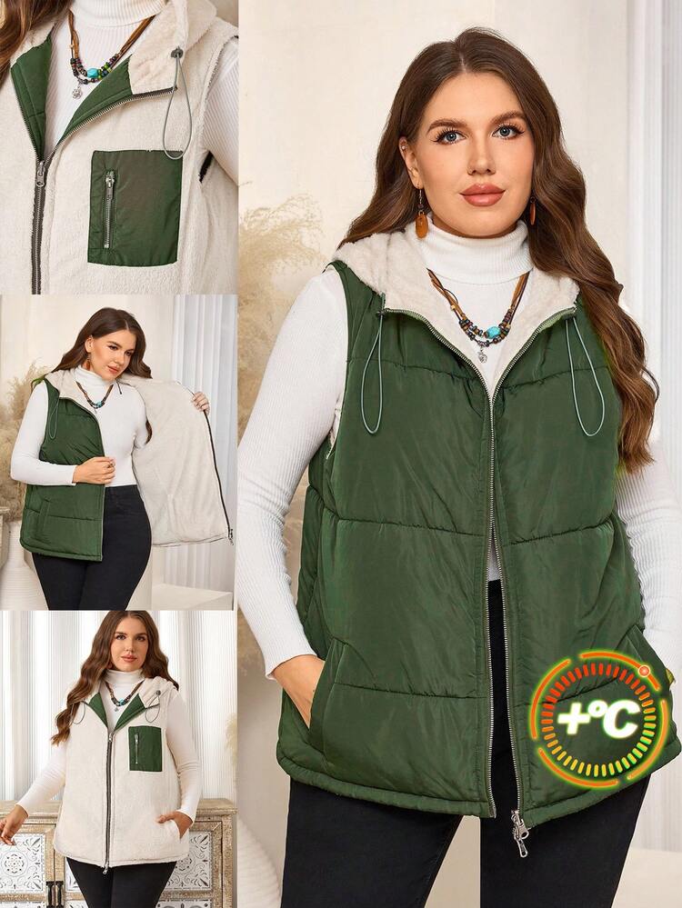 Plus Size Women Solid Color Zipper Front Drawstring Hooded Sleeveless Fleece Jacket, Autumn/Winter,Daily Wear,Old Money Style Women,Fuzzy Coat Women,Going Out Winter