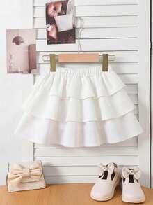 Emery Rose Kids Emery Rose Kids Young Girls Casual Mixed Street Casual Minimalist Sportswear Academy Plain-Colored Cake Half-Length Skirt Suitable For All Seasons (Spring, Summer, Autumn, Winter), For Home Use, For Outdoor Exercise, For School, For Daily Leisure. The Same Style As My Mother's, The Same Style As My Sister And My Younger Brother. White Skirt For Teens, White Skirt For Girls, White Ruffle Skirt, White Bubble Skirt - White - View 3