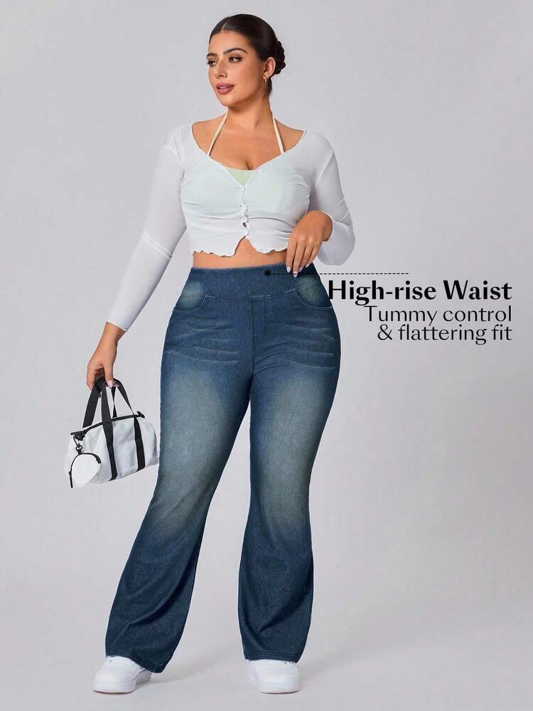 Flexra Pantalones de punto lavados versátiles y casuales para mujer de talla grande - Neblina azul - Añade 4