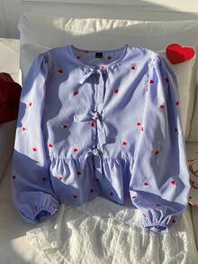 SHEIN EZwear Áo nữ dệt sọc xanh có trang trí nơ, tay dài - Màu xanh nhạt - Xem 4