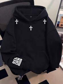 Manfinity Dauomo 男士休闲字母十字印花卫衣，秋季款 - 黑色 - 查看 1