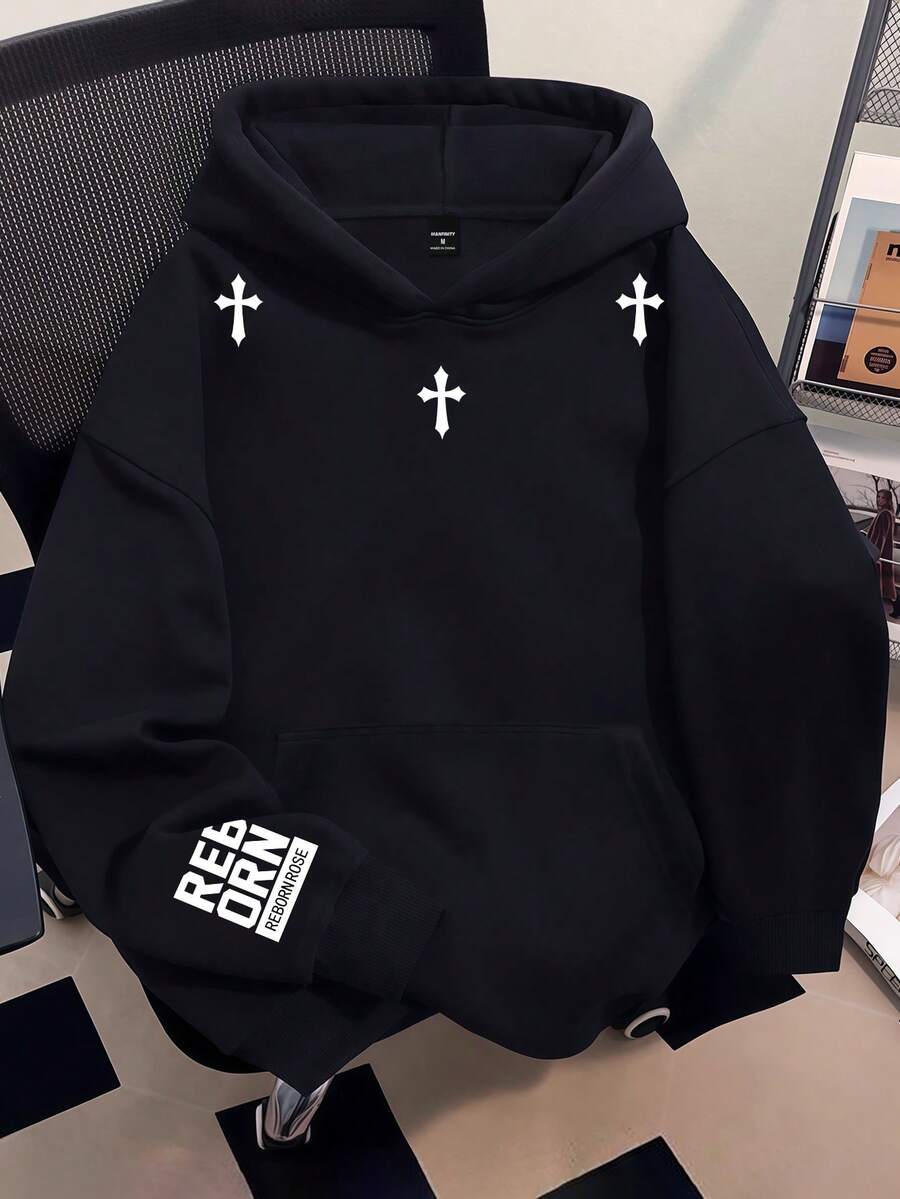 Manfinity Dauomo 男士休闲字母十字印花卫衣，秋季款 - 黑色 - 查看 1