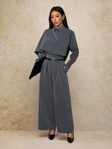 SHEIN PETITE 2pcs Women's High Waist Cinched Waist Trench Coat & Midi Dress Suit, Elegant British Style For Commuting, Autumn/Winter - Grey - View 6