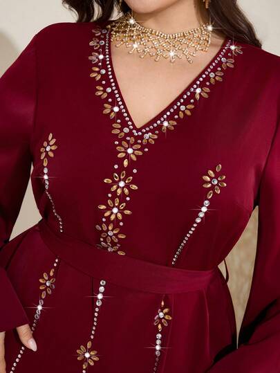 Al Najma Plus Size Women's Rhinestone Flower Decor V-Neck Long Sleeve Elegant Arabic Style Maxi Dress Kaftan Jalabiya Dress