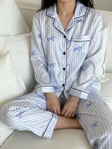 2pcs Women & Teen GirlElegant Plaid Satin Fabric Cardigan & Pants Casual Comfortable Pajama Set Bow Print Pajamas Teen Girls Pajamas-Pajama Set Notch Collar Long Sleeve Top With Bow Print Striped Lounge Pants Light Blue Piped Trim Home Wear All Season 2026 New Year Essential - Blue - View 5