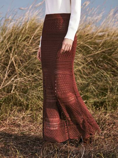 Florisole Women's A-Line Knitted Midi Skirt With A Hollowed-Out Design, Perfect For Everyday Wear And Autumn/Winter Knit Maxi Skirt Brown Maxi Skirt