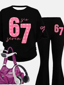 2 peças/Conjunto Camiseta de Manga Curta de Gola Redonda Ajuste Solto e Calça Flare para Adolescentes, com Estampa Engraçada de Número 67 Rosa e Laço, Estilo Streetwear, Adequado para Casual, Campus, Exterior, Casa