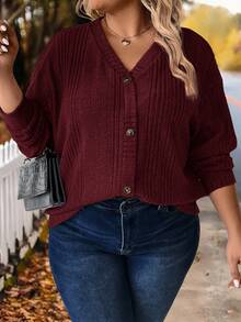 SHEIN LUNE Plus Size Casual Solid Color Button Front Ribbed T-Shirt, Autumn - Burgundy - View 1