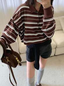 DAZY Women's Loose Fit Polo Collar Striped Sweater, Elegant And High-Quality - Brown - View 5