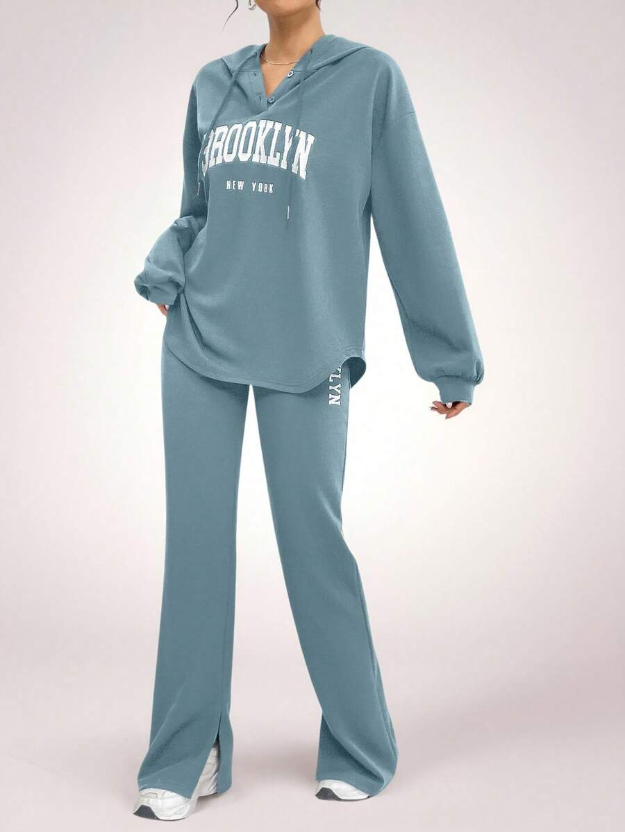 Veilorie 2pcs Women Casual Letter Print Drawstring Hooded Sweatshirt And Pants Set, Autumn 2 Pieces Set - Blue - View 1