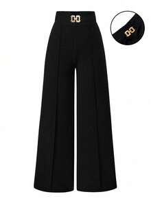 EMERY ROSE 大码纯色金属装饰优雅阔腿裤 - 黑色 - 查看 1