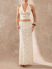 Lumalex 2件套杏色钩针编织深V领露背长裙及沙滩罩衫套装 - 杏色 - 查看 10