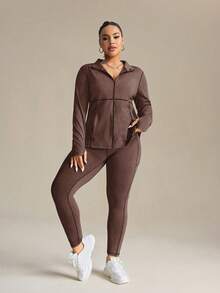 SHEIN Rhythm Era 女士加大码立领拉链长袖上衣和打底裤休闲日常户外运动套装 - 咖啡棕 - 查看 6