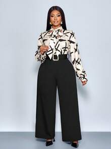 SOLERSUN 大码女装时尚条纹印花蝴蝶结长袖衬衫搭配宽松纯色腰带金属装饰长款阔腿裤两件套，简约气质两件套，职场通勤复古风，适合日常休闲穿着、野餐、约会、音乐节、情人节、毕业季、派对等场合。女士秋季服装，秋冬季必备。 - 黑色 - 查看 6