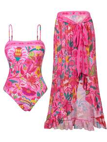 Swim Oasis 2件套女士可拆卸肩带印花网纱长裙，性感优雅的夏季度假泳装 - 彩色 - 查看 4