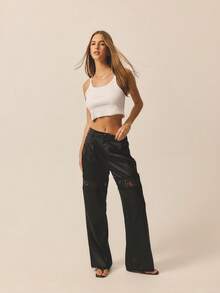 Aralina Pantalones relajados de cintura alta con inserto de encaje, elegantes para fiestas de Navidad, Año Nuevo y Acción de Gracias - Negro - Ver 6