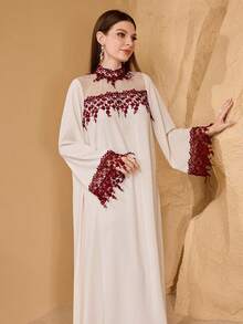 SHEIN Najma Váy đầm phong cách Ả Rập trẻ trung thời trang cổ điển lãng mạn phối màu trang trí chắp vá dành cho nữ - Màu be - Xem 6