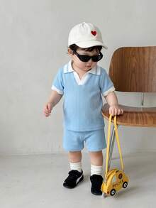 SHEIN Vintaside Kids 2pcs 0-3 Years Baby Boy/Girl/Unisex Infant Summer Blue Set, Collared Short Sleeve Top Paired With Matching Shorts, Minimalist Style No Pattern, Loose Fit, Suitable For Outings, Casual Home, Light Sports, Baby/Summer Outfit, Baby/Outdoor Wear Baby Boy Summer Outfit Blue Baby Boy Outfit Baby Boy Shorts Set Baby Boy Polo Set Boy Baby Casual Sets Baby Boy Clothes Baby Boy Clothes Boy Clothes Sets Blue Two Piece Set Baby Blue Vintage Baby Boy Outfit Baby Clothes Set Summer - Blue - View 9