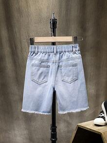 SHEIN 男童浅蓝色做旧毛边时尚休闲牛仔短裤，夏季