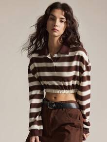 Easelle Áo thun chui đầu tay dài thời trang, cài nút nửa thân, in họa tiết sọc - Nhiều màu - Xem 7