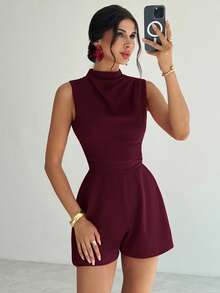 Firerie Women's Elegant Minimalist Delicate Romantic Sweet Daily Commute Wedding Party Music Festival Vacation Pleated A-Line Mini Dress Romper, Red - Maroon - View 6