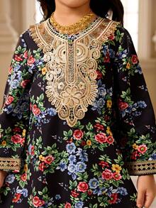 SHEIN Girls' Black Ditsy Floral Long Sleeve Dress With Gold Lace Trim,Traditional Wedding Autumn Fashionable Piece For Outings,Performances And Gatherings - Black - View 7