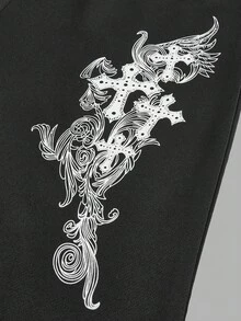 SHEIN 少女复古风街头服饰 Y2K Grunge 印花弹力翻边裤黑色直筒裤 - 黑色 - 查看 3