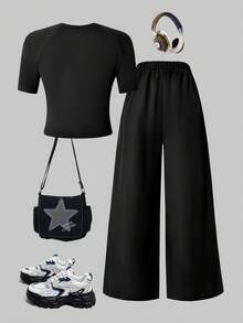 SHEIN ChillGRL Bộ 2 áo phông và quần dài thường ngày cho bé gái tuổi teen, in hình ngôi sao màu trắng ở ngực, dây rút trang trí màu trắng, thích hợp để đi dạo, mua sắm, đi học, có thể kết hợp với áo khoác, áo vest - màu đen - Xem 2