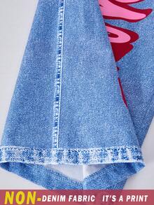 SHEIN ChillGRL 三件套街头风休闲少女宽松牛仔印花裤、露脐吊带背心和长袖连帽衫套装，时尚街头风 - 粉色 - 查看 5