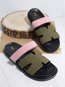 SHUZIA 女士舒适露趾平底厚底日常基本款仿麂皮卡其粉色多色拖鞋 - 軍綠色 - 查看 4