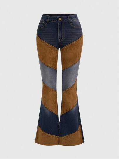 Jeans acampanados de mujer vintage desgastados con parches de gamuza y flecos, estilo hippie y vaquero