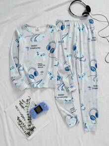 2pcs/Set Tween Boys' Video Game Print Casual Comfortable Ribbed Snug Fit Long Loungewear Set - Grey - View 4