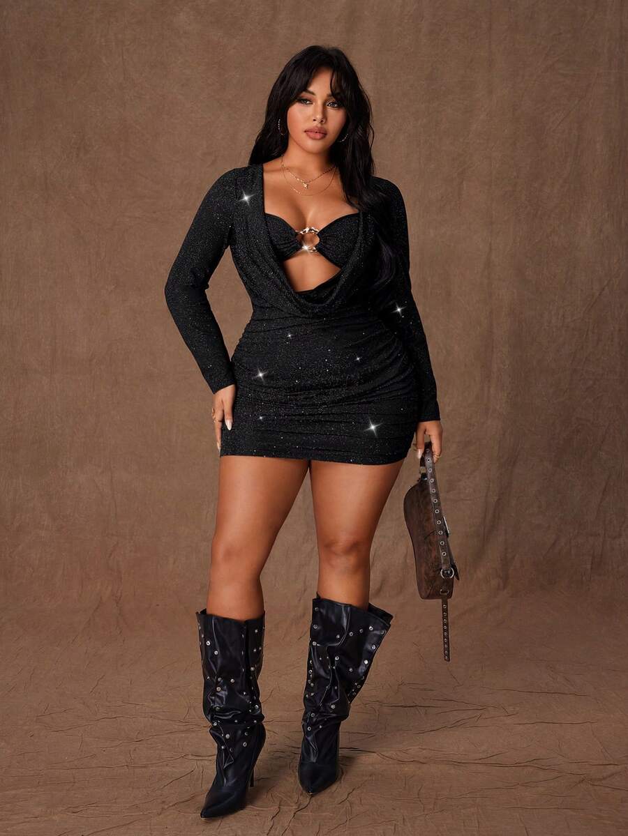 Rustia 大码女式黑色垂褶领/金属纽扣镂空/极简亮片弹力修身下摆，休闲夜店商务休闲装，弹力紧身休闲日常/情人节/生日连衣裙，性感派对/街头/度假/约会装，长袖新款短裙，春夏秋冬皆宜 - 黑色 - 查看 1