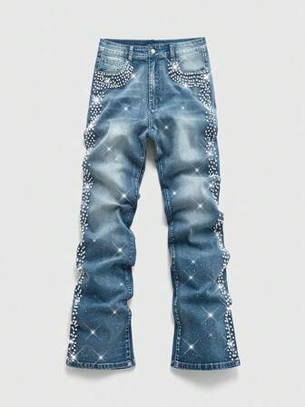 Jeans a zampa con tasche e decorazioni in strass, versatili per feste e uso quotidiano