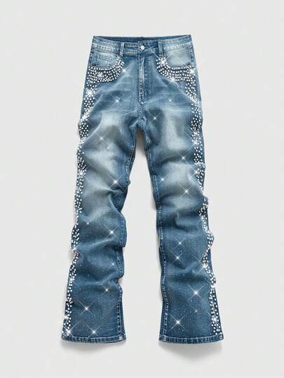 Jeans acampanados versátiles para fiesta y uso diario con decoración de strass en el bolsillo para hombres
