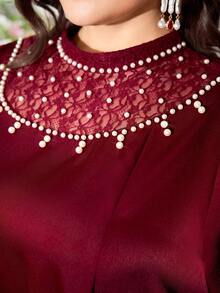 Al Najma Elegant Stand Collar Lace Patchwork Flare Sleeve Dress, Burgundy Kaftan Jalabiya Dress - Burgundy - View 3