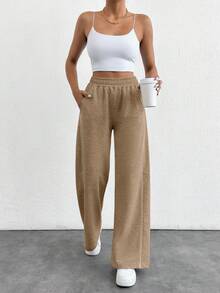 EURMUSE Cotton Jogging Bottoms With Plain Slanted Pockets, Wide Leg Cut - Beige - View 4