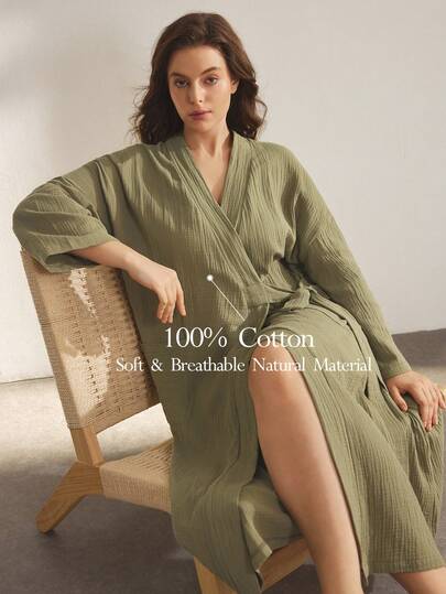 Ocili Soft Double-Layer Cotton Seersucker Tie-Waist Plus Size Robe, Winter