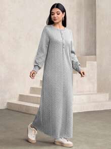 Graceveil Women's Casual Textured Fabric Round Neck Loose Long Sweatshirt, Green, Autumn/Winter - Light Grey - View 7