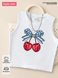 GraphicGems Girls' Cherry, Bow, Striped, Five-Pointed Star Print White Tank Top, Suitable For Independence Day