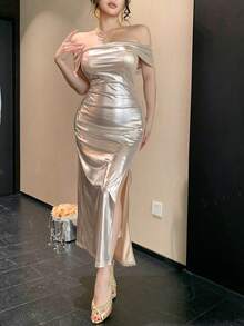 DAZY Solid Color Sexy Bodycon Off-Shoulder Midi Dress For Women Wedding Guest Dress Summer Sundress - Silver - View 3