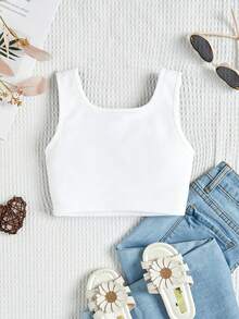 女童休闲卡通图案圆领无袖上衣，适合夏季穿着 - 白色 - 查看 2