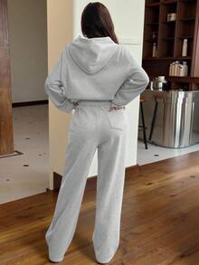 SHEIN EZwear 2 件套女士休闲保暖连帽运动衫和运动裤，浅灰色，秋冬 - 淺灰色 - 查看 2