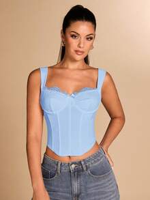 SHEIN BAE Women's Lace Patchwork Bra Camisole With Curved Hemline - Baby Blue - View 6