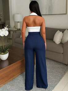 Vavine 优雅商务休闲女装套装，包括一件斜纹软呢装饰翻领修身性感金属纽扣背心上衣和一条纹理弹力腰长款休闲裤两件套。 - 深色水洗藍 - 查看 2