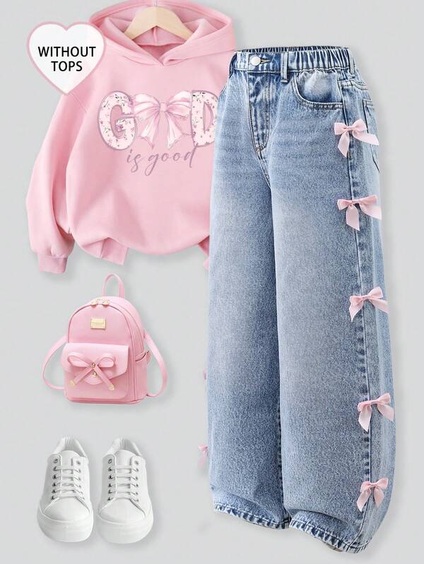 SHEIN ChillGRL Girls & Teens Y2K Streetwear Casual Distressed Asymmetrical Waist Soft Comfortable Light Wash Blue Jeans, Versatile All-Match Everyday Wear, Spring/Summer 2025 New Arrival Pink Bow Jeans E Girl Clothes