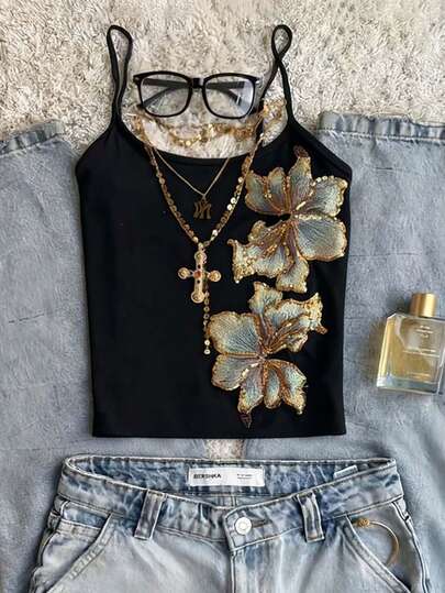 Glimmora Top de camisola con estampado floral de lentejuelas, top de camisola cómodo y casual adecuado para reuniones y salidas diarias