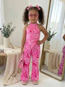 Young Girls' Casual Sleeveless All-Over Print Summer Fashion Pink Tank Top Set - Pink - View 4